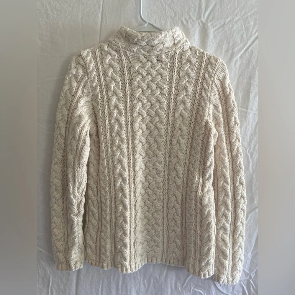Women’s Lands’ End chunky cableknit cream wool cotton blend turtleneck sweater - Picture 3 of 7